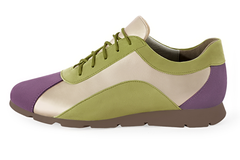 Amethyst purple, gold and pistachio green women's three-tone elegant sneakers. Round toe. Flat rubber soles. Profile view - Florence KOOIJMAN